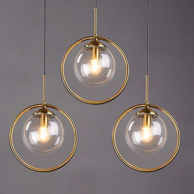 Clear Glass Ball Shade Pendant Modern Bedroom Metal Ring 1-Head Hanging Lamp