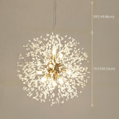 Dandelion Crystal Pendant Light with 59 Inchs Height Adjustable Cord Home Decoration Lighting Fixture in Gold for Dining Room
