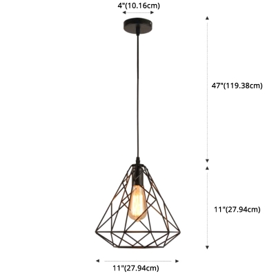 Diamond Form Black Pendant Industrial Living Room Iron Cage 1-Bulb Hanging Lamp