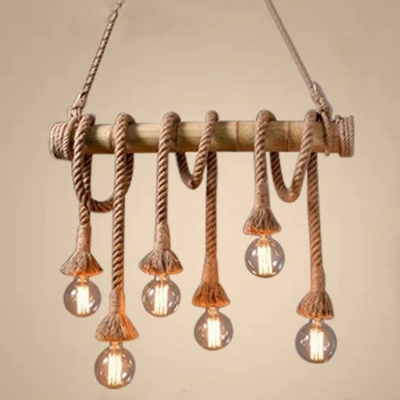 Flaxen Exposed Bulb Design Hanging Lamp Lodge Hemp Rope Dinette Island Light for Restaurant