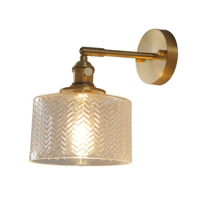 Gold Arm Metal Wall Lamp for Reading Industrial Drum Prismatic Glass Shade 1-Head Wall Sconce