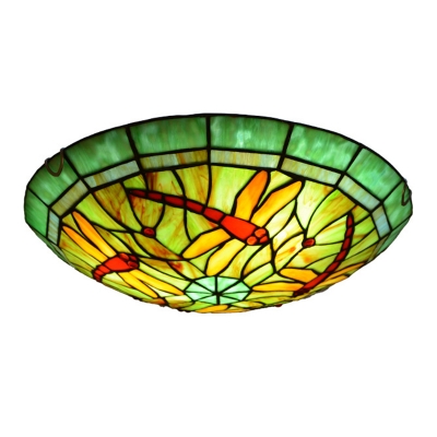 Green Glass LED Round Ceiling Lamp Tiffany Dragonfly Flush Mount Light for Living Room