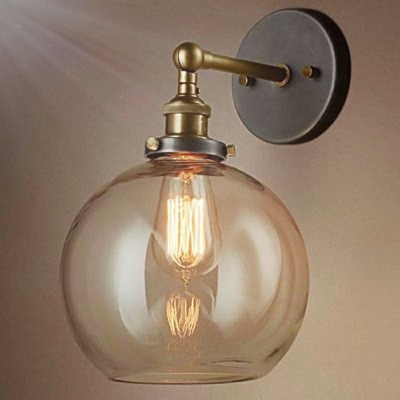 Industrial Wall Sconce Modern Style Wrought Iron Arm with Geometric Glass Shade for Kitchen