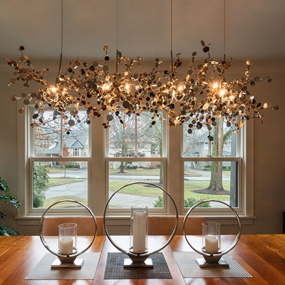 Leaf Design Radial Suspension Lighting Artistic Living Room Metal 3-Bulb Chandelier
