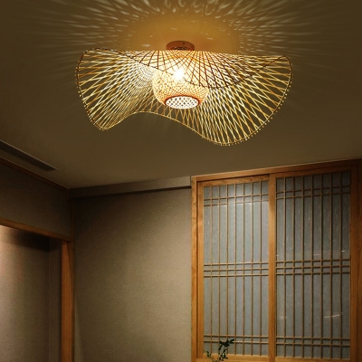 Rattan Straw Hat Semi-Flushmount Light Asian Style Beige 1-Bulb Ceiling Light
