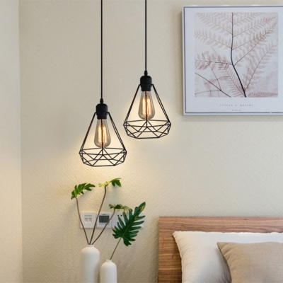 Retro 1 Light Pendant Lamp Diamond Iron Cluster Pendant Lighting in Black for Living Room