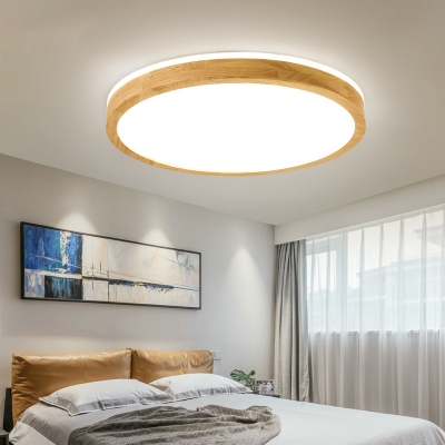 Round Simplicity Shade Flushmount Light Modern Wood LED 1-Light Ceiling Light