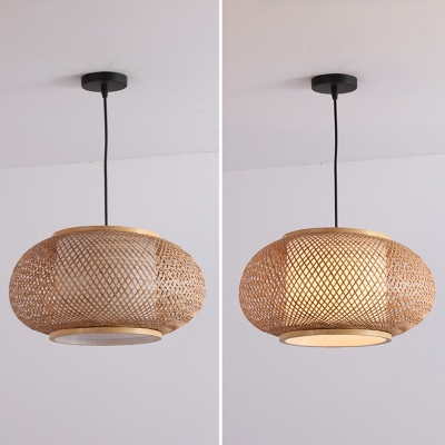 Rounded Drum Pendant Light Chinese Bamboo Single Bulb Beige Ceiling Suspension Lamp in Wood