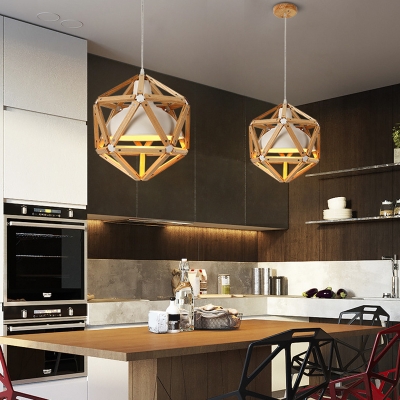 Wood Cage 1-Head Pendant Modern Dining Room Geometry Hanging Lamp