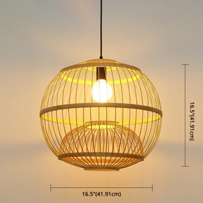 Wooden Sphere Ceiling Hanging Lantern Chinese Single-Bulb Bamboo Suspension Pendant Light