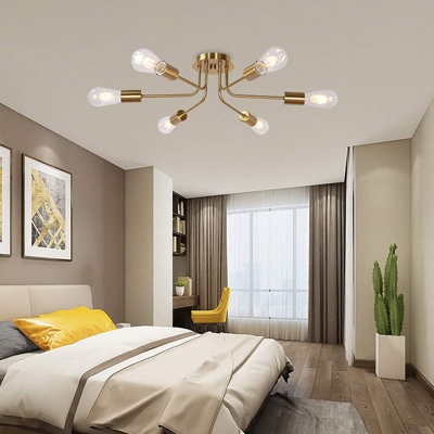 6 Bare Bulb Retro Industrial Ceiling Light Circle Metal Ceiling Mount Semi Flush Light for Bedroom