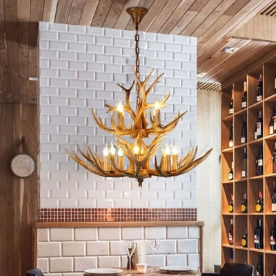 American Rustic Style Restaurant Wood Suspension Lighting Resin Antlers Design Chandelier