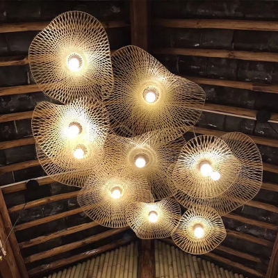 Asian Pendant with 1 Light Bamboo Shade Wooden Circle Ceiling Mount Single Pendant for Restaurant