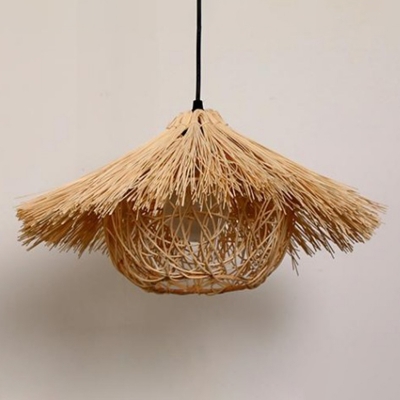 Asian Style Restaurant Beige Hanging Lamp Rattan Straw Hat Shaped 1-Bulb Pendant