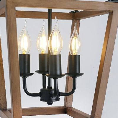 Dark Wood Industrial Living Room Suspension Light Candlestick 4-Bulb Chandelier with Square Frame