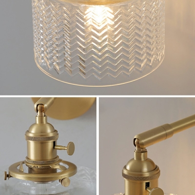 Gold Arm Metal Wall Lamp for Reading Industrial Drum Prismatic Glass Shade 1-Head Wall Sconce