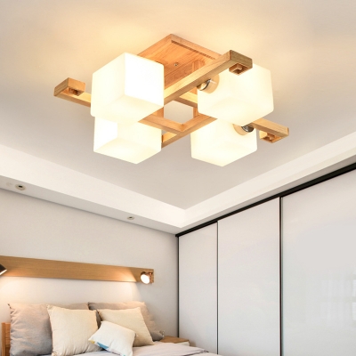 Modern Ceiling Light Glass Shade Wooden Ceiling Mount Semi Flush Mount for Bedroom