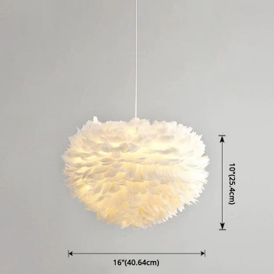 Nordic Bedroom White Pendant Dome Form Feather Shade 1-Head Hanging Lamp