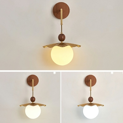 Wooden Spherical Wall Lamp Minimalist 1 Light White Glass Wall Sconce Lighting in Gold