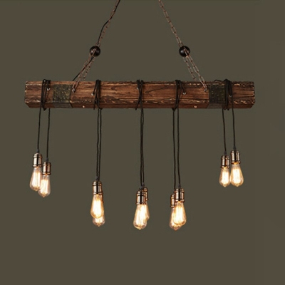 Antique Wood Island Light Fixture Linear 10 Heads Rustic Pendant Lighting with Open Bulb Design