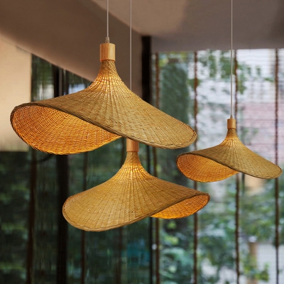 Asian Hanging Pendant with 2 Light Hat Bamboo Shade Circle Ceiling Mount Multi Light Pendant For Restaurant