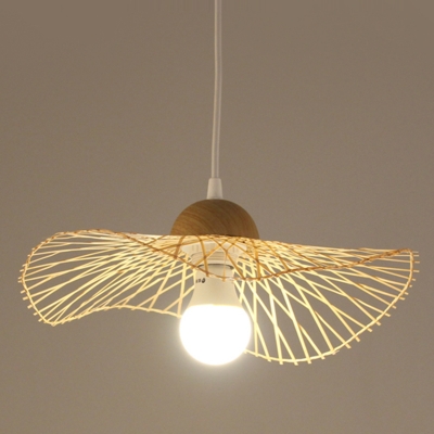 Asian Pendant with 1 Light Bamboo Shade Wooden Circle Ceiling Mount Single Pendant for Restaurant