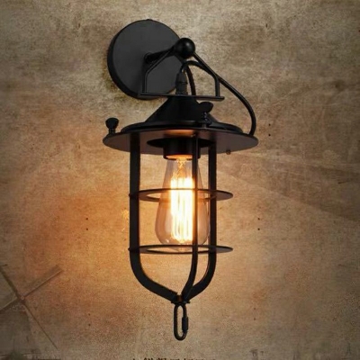 Black Metal Wire Glass Guard Wall Lamp Industrial Clear Shade 1-Bulb Wall Sconce