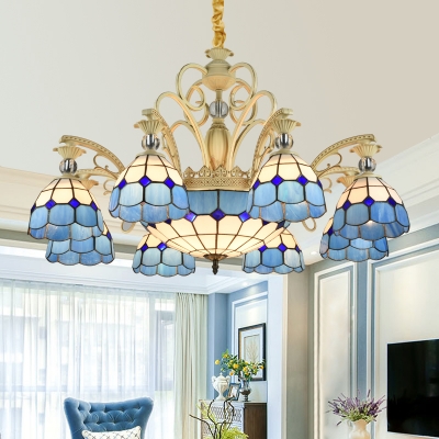 Blue Domed Chandelier Pendant Light Mediterranean Stained Glass Hanging Lamp with 19.5 Inchs Height Adjustable Chain