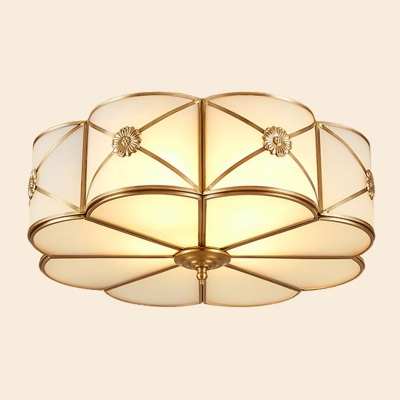 Brass Flower  Flush Mount Lighting Traditional Curved White Glass 5 Inchs Height Bedroom Ceiling Fixture