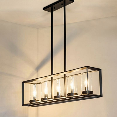 Candlestick Shape Island Light with Clear Glass Shade 5 Lights Rectangular Wrought Iron Cage Industrial Style Hanging Pendant