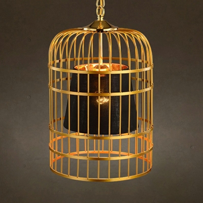 Creative Birdcage Design Suspension Light with Fabric Shade Lighting Fixture in Gold