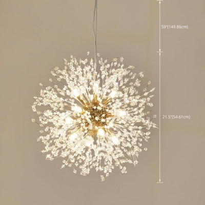 Dandelion Crystal Pendant Light with 59 Inchs Height Adjustable Cord Home Decoration Lighting Fixture in Gold for Dining Room