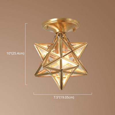 Metal Star Colonial Style Semi Flush Mount Glass Shade Brass 1-Bulb Ceiling Light