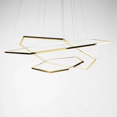 Pentagon-Shape Dinning Room Pendant Light Fixture Metal LED Minimalist Hanging Lamp Kit in Gold