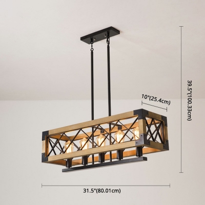 Wooden Trellis Cage Island Light 5 Lights Fixture Vintage Rectangular Linear Pendant
