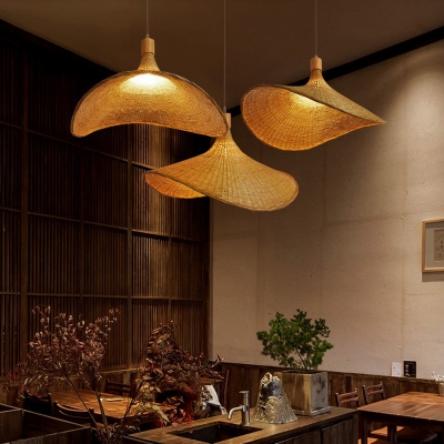 Asian Hanging Pendant with 2 Light Hat Bamboo Shade Circle Ceiling Mount Multi Light Pendant For Restaurant