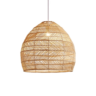 Asian Style Living Room Dome Shaped Pendant Beige Rattan Shade 1-Bulb Hanging Lamp