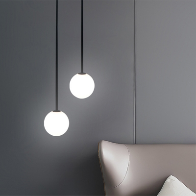 Black Cord Minimalist Living Room Pendant White Glass Globe 1-Head Hanging Lamp