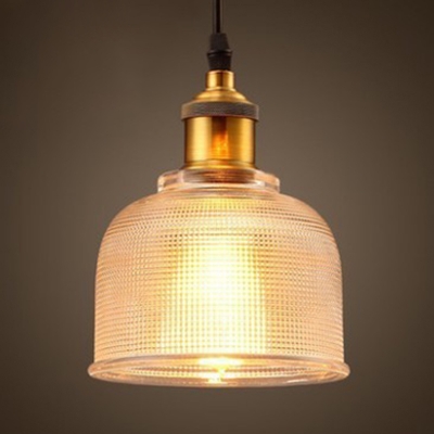 Brass Checkered Bell-Shaped Glass Industrial Style Tavern Hanging Pendant Light