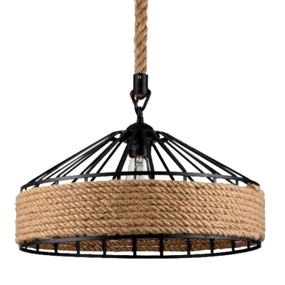 Cone Iron Cage Black Pendant Industrial Living Room Beige Hemp Rope 1-Bulb Hanging Lamp