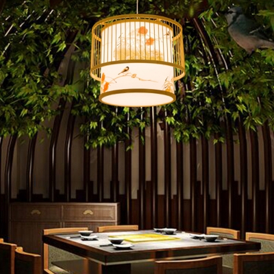 Drum Shape Bamboo Pendant Asian 1 Bulb Hanging Ceiling Light with Print Shade Inside in Light Wood