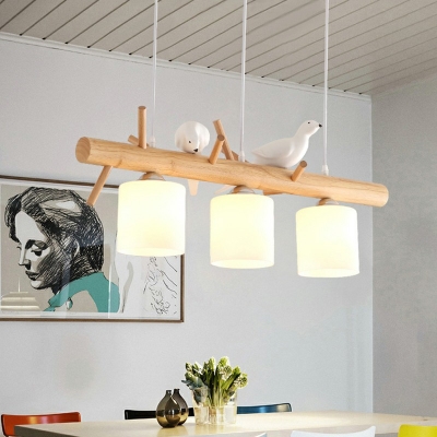 Opal Glass Cylindrical Island Light Nordic 39 Inchs Height Wood Pendant Lighting Fixture with Bird Decor
