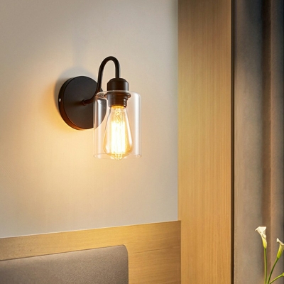 Swan-Neck Metal Arm Black Wall Sconce Industrial Cylinder Clear Glass 1-Bulb Wall Lamp