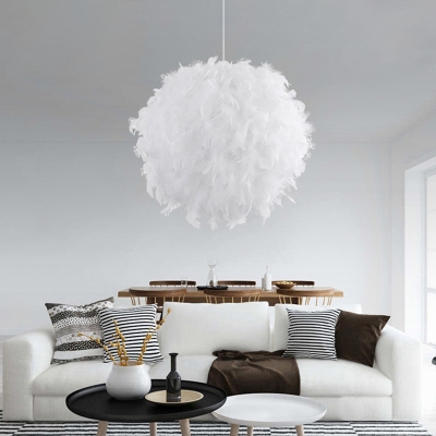 White Feather Shade Pendant Nordic Bedroom Globe 1-Head Hanging Lamp