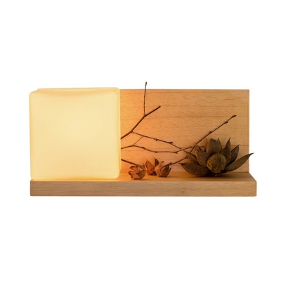 Wooden Natural Oak Bedroom Wall Light Cube Shape Indoor Wall Sconce in Frosted Glass Shade
