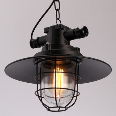 Black Metal Cage Industrial Living Room Pendant Clear Glass Shade 1-Bulb Hanging Lamp