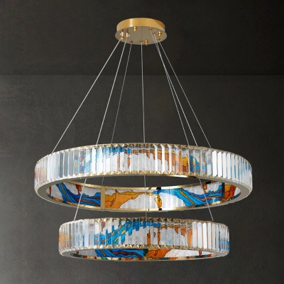 Blue-Gold Pattern LED Suspension Lighting Modern Living Room Circle Clear Crystal Chandelier