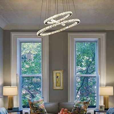 Clear Crystal Rotatable Ring Suspension Lighting Modern Living Room Stainless Steel LED 4-Light Chandelier