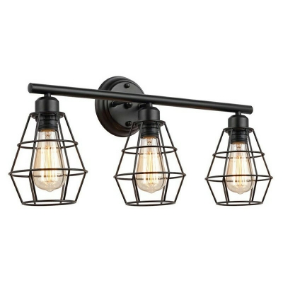 Diamond Cage Shade Industrial Wall Mounted Lamp 3 Lights Metallic Vanity Sconce in Black