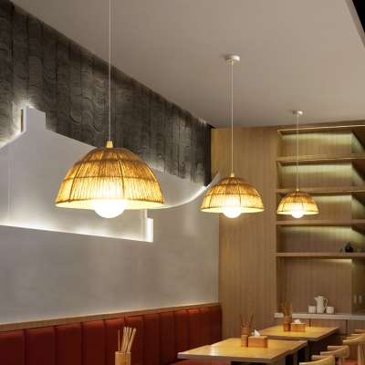 Dome Bamboo Shade Asian Ceiling Pendant with 1 Light Circle Metal Ceiling Mount Single Pendant for Restaurant